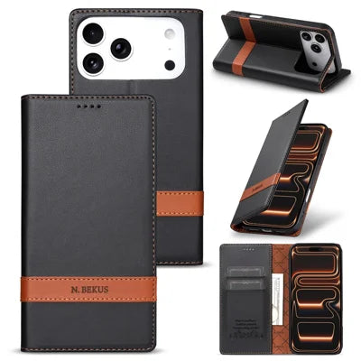 N.BEKUS P5 Series for iPhone 18 Pro Max  /  17 Pro Max Leather Case Dual Color Stitching RFID Blocking Wallet Phone Cover - Black