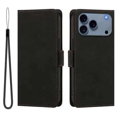 For iPhone 18 Pro Max / 17 Pro Max Case Skin-touch PU Leather Flip Wallet Phone Cover with Wrist Strap - Black