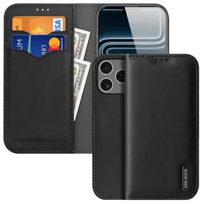 DUX DUCIS for iPhone 18 Pro Max / 17 Pro Max Case  Hivo Series Cowhide Leather RFID Blocking Wallet Stand Flip Phone Cover - Black