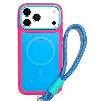 For iPhone 18 Pro Max  /  17 Pro Max Magnetic Case Contrast Design PC + TPU Matte Phone Cover with Wrist Strap - Blue