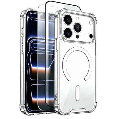 For iPhone 18 Pro Max / 17 Pro Max Magnetic Case TPU + Acrylic Phone Cover with 2Pcs Tempered Glass Screen Protector - 1Pc Clear Screen Film + 1Pc Black Edge Screen Film