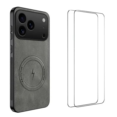  WANLONFENG for iPhone 18 Pro Max SD Series Magnetic Case Nappa Texture PC TPU Phone Cover with 2Pcs Screen Film - Grey
