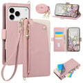 For iPhone 18 Pro Max  /  17 Pro Max Case with Wrist Strap and Shoulder Strap Dual Color Zipper Pocket Wallet Leather Phone Cover - Pink