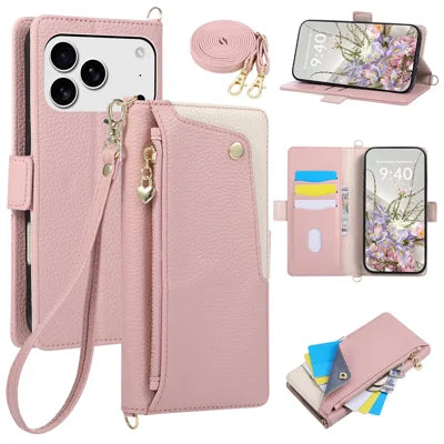 For iPhone 18 Pro Max  /  17 Pro Max Case with Wrist Strap and Shoulder Strap Dual Color Zipper Pocket Wallet Leather Phone Cover - Pink