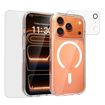 For iPhone 18 Pro Max Magnetic Case TPU + Acrylic HD Clear Phone Cover with Screen Protector + Camera Lens Protector - Transparent