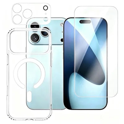 For iPhone 18 Pro Max Magnetic Case TPU + Acrylic Clear Phone Cover with Camera Lens Protector + Tempered Glass Screen Film - Transparent