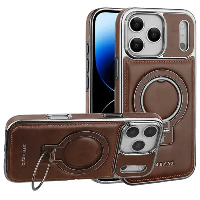 RIMBMAX for iPhone 18 Pro Max / 17 Pro Max Case Magnetic Electroplated Kickstand PU Leather + TPU Phone Cover - Dark Brown