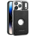 JINDUKA For iPhone 18 Pro Max  /  17 Pro Max Case with Logo Cutout Kickstand Leather Coated PC TPU Phone Cover - Black