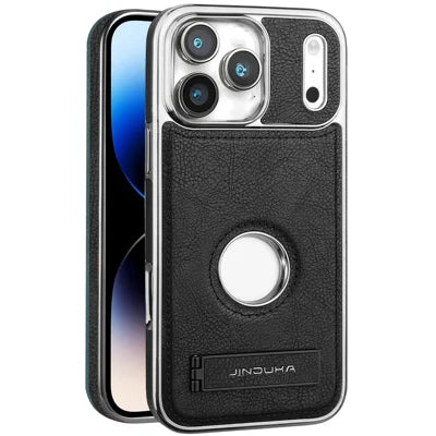 JINDUKA For iPhone 18 Pro Max  /  17 Pro Max Case with Logo Cutout Kickstand Leather Coated PC TPU Phone Cover - Black