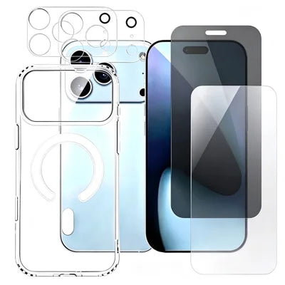 For iPhone 18 Pro Max Magnetic Case Clear Phone Cover with 2Pcs Camera Protectors + 1Pc Clear Screen Protector + 1Pc Anti-spy Screen Protector - Transparent
