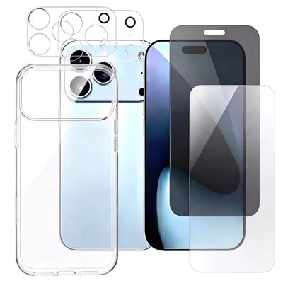 For iPhone 18 Pro Max Case Clear TPU Phone Cover with 2 Camera Lens Protectors + 1Pc Clear Screen Protector + 1Pc Anti-spy Screen Protector - Transparent