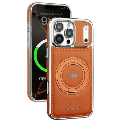 JINDUKA J9 For iPhone 18 Pro Max / 17 Pro Max Magnetic Case Rotating Kickstand Electroplated Leather Coated TPU + PC Cover - Light Brown