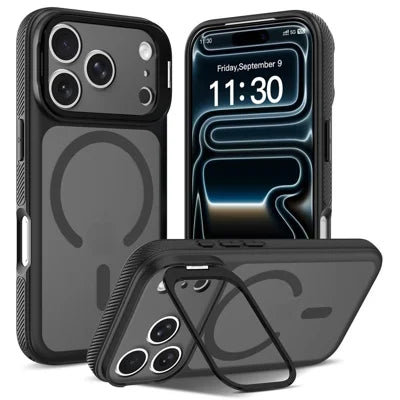For iPhone 18 Pro Max / 17 Pro Max Magnetic Case Camera Lens Frame Kickstand PC + TPU Phone Cover - Black
