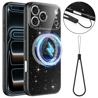 For iPhone 18 Pro Max  /  17 Pro Max Magnetic Case Glitter TPU Shockproof Phone Cover with Lanyard - Black