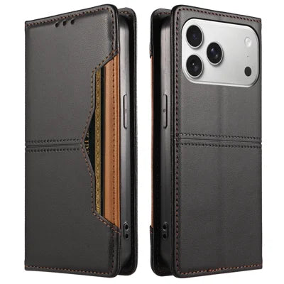  For iPhone 18 Pro Max / iPhone 17 Pro Max Wallet Case External Card Slot Magnetic Closing Leather Phone Cover - Black