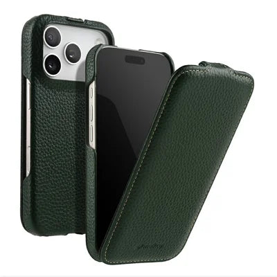 MELKCO for iPhone 18 Pro Max / 17 Pro Max Magnetic Case Vertical Flip Genuine Cow Leather + PC Phone Cover - Green