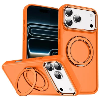 For iPhone 18 Pro Max / 17 Pro Max Magnetic Case 360° Rotatable Ring Kickstand Frosted PC + TPU Phone Cover - Orange