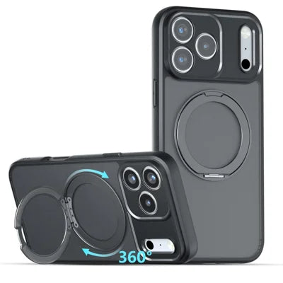 For iPhone 18 Pro Max Matte Skin-touch Magnetic Case 360° Rotating Kickstand Shockproof TPU + PC Phone Cover - Transparent Black