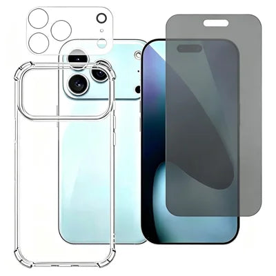 For iPhone 18 Pro Max Case Anti-Drop TPU Phone Cover + Privacy Tempered Glass Film + Camera Lens Protector - Transparent