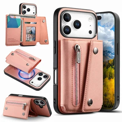 For iPhone 18 Pro Max  /  17 Pro Max Magnetic Case Twill Cloth Texture PU Leather Phone Back Cover with Tri-fold Card Holder - Pink