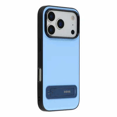 X-LEVEL For iPhone 18 Pro Max / 17 Pro Max Case Leather Coated PC TPU Phone Back Cover with Metal Kickstand - Baby Blue