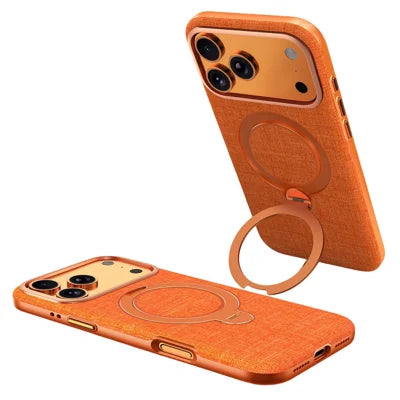 JAUCASE for iPhone 18 Pro Max / 17 Pro Max Magnetic Case Linen Texture Rotary Ring Kickstand PC + TPU Phone Cover - Orange