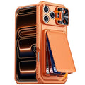 For iPhone 18 Pro Max  /  17 Pro Max Case Slide Lens Cover RFID Blocking Magnetic Card Holder PC + TPU Phone Shell - Orange