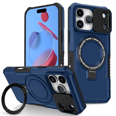 For iPhone 18 Pro Max  /  17 Pro Max Magnetic Case Kickstand PC + TPU Phone Cover with Slide Camera Lid - Sapphire