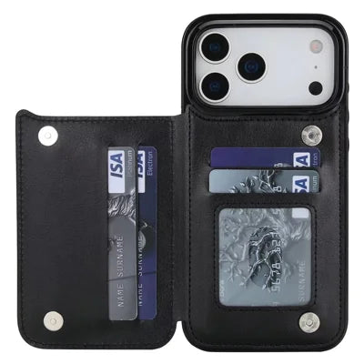 Wallet Case for iPhone 18 Pro Max  /  iPhone 17 Pro Max Magnetic Closure Card Holder Leather Phone Cover - Black
