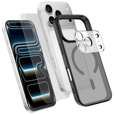 For iPhone 18 Pro Max Magnetic Case TPU + PC Phone Cover with High Aluminium-Silicon Glass Screen Protector + PC Camera Lens Protector - Black