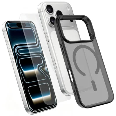 For iPhone 18 Pro Max / 17 Pro Max Magnetic Case TPU + PC Phone Cover with High Aluminium-Silicon Glass Screen Protector - Black