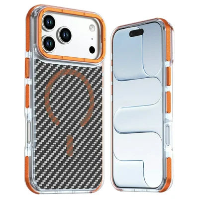 For iPhone 18 Pro Max / 17 Pro Max Magnetic Case Carbon Fiber Texture Acrylic + TPU Protective Phone Cover - Orange