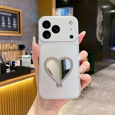 2-in-1 Makeup Mirror Kickstand Phone Case for iPhone 18 Pro Max  /  17 Pro Max Metallic Paint PC+TPU Back Cover - Silver