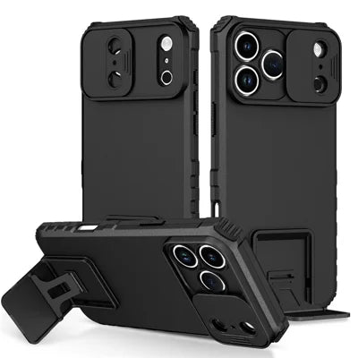 For iPhone 18 Pro Max / 17 Pro Max Case Camera Slider PC + TPU Phone Cover with Kickstand - Black