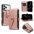 For iPhone 18 Pro Max / 17 Pro Max Magnetic Case Detachable RFID Blocking Wallet PU Leather Phone Cover with Straps - Rose Gold