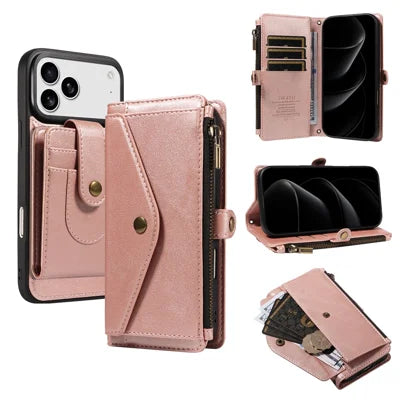 For iPhone 18 Pro Max / 17 Pro Max Magnetic Case Detachable RFID Blocking Wallet PU Leather Phone Cover with Straps - Rose Gold