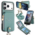 For iPhone 18 Pro Max / 17 Pro Max Case Card Holder Zipper Pocket Heart Pattern Leather Phone Back Cover with Crossbody Strap - Blue