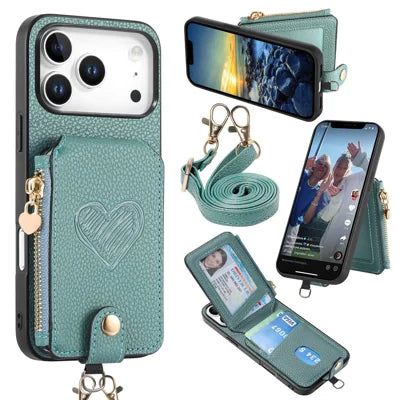 For iPhone 18 Pro Max / 17 Pro Max Case Card Holder Zipper Pocket Heart Pattern Leather Phone Back Cover with Crossbody Strap - Blue