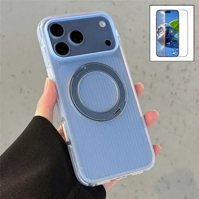 For iPhone 18 Pro Max / 17 Pro Max Case Rotating Magnetic Kickstand TPU + Acrylic Phone Cover with Tempered Glass Screen Protector - Mist Tide Blue