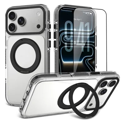 For iPhone 18 Pro Max / 17 Pro Max Case Rotating Magnetic Kickstand Acrylic + TPU Shockproof Phone Cover with Tempered Glass Screen Protector - Black