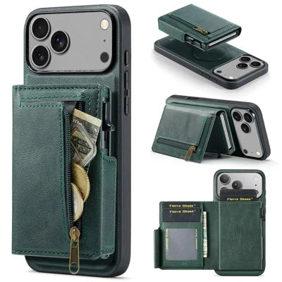FIERRE SHANN FS031 for iPhone 18 Pro Max / 17 Pro Max Magnetic Case with Detachable Card Holder RFID Blocking TPU + PU Leather Phone Cover - Green