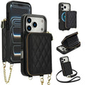 For iPhone 18 Pro Max / 17 Pro Max Magnetic Case Detachable Quilted Zipper Card Holder PU Leather Phone Back Cover with Crossbody Strap - Black