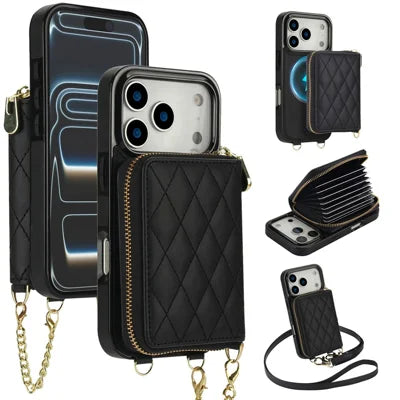For iPhone 18 Pro Max / 17 Pro Max Magnetic Case Detachable Quilted Zipper Card Holder PU Leather Phone Back Cover with Crossbody Strap - Black