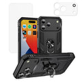 For iPhone 18 Pro Max Case Rotating Ring Kickstand TPU + PC Dual-Layer Phone Cover with High Aluminium-silicon Glass Screen Protector + Tempered Glass Lens Protector - Black