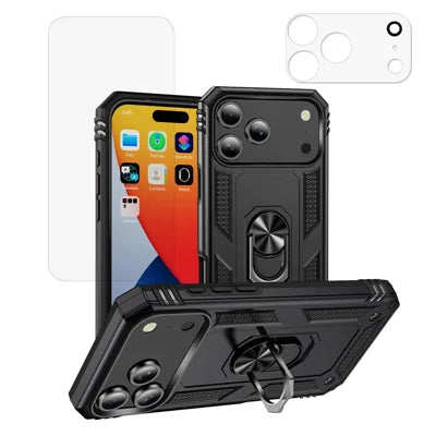 For iPhone 18 Pro Max Case Rotating Ring Kickstand TPU + PC Dual-Layer Phone Cover with High Aluminium-silicon Glass Screen Protector + Tempered Glass Lens Protector - Black