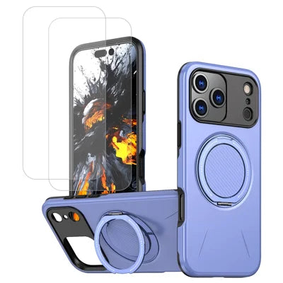 For iPhone 18 Pro Max / 17 Pro Max Magnetic Case Rotating Kickstand PC + TPU Phone Cover with 2Pcs High Aluminium-silicon Glass Screen Protector - Purple