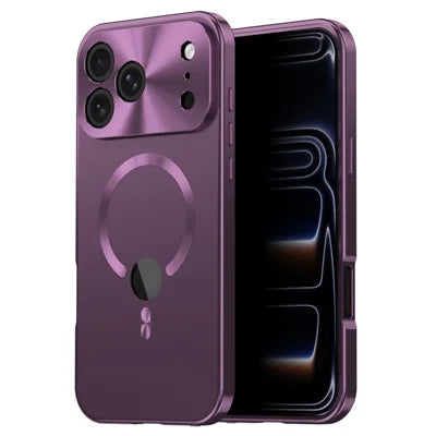 For iPhone 18 Pro Max Magnetic Case Logo Cutout PC + Metal Phone Cover with Anti Spy Screen Film - Plum