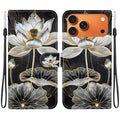 For iPhone 18 Pro Max  /  17 Pro Max Wallet Case Flip Stand Pattern Printing PU Leather Phone Cover with Wrist Strap - Gold Ink Lotus
