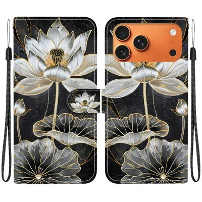 For iPhone 18 Pro Max  /  17 Pro Max Wallet Case Flip Stand Pattern Printing PU Leather Phone Cover with Wrist Strap - Gold Ink Lotus