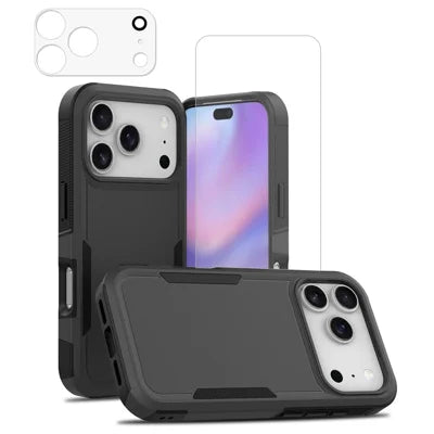 For iPhone 18 Pro Max Case PC + TPU  Non-Slip Grip Phone Cover with High Aluminium-silicon Glass Screen Protector + Tempered Glass Lens Protector - Black